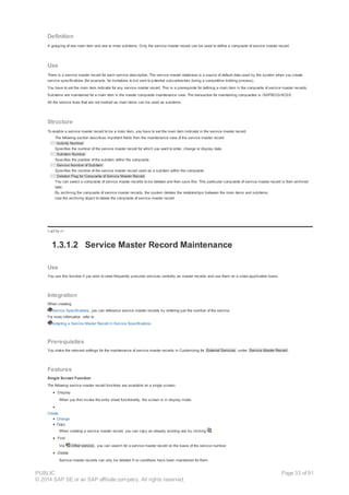 Definition
A grouping of one main item and one or more subitems. Only the service master record can be used to define a composite of service master record.
Use
There is a service master record for each service description. The service master database is a source of default data used by the system when you create
service specifications (for example, for invitations to bid sent to potential subcontractors during a competitive bidding process).
You have to set the main item indicator for any service master record. This is a prerequisite for defining a main item in the composite of service master records.
Subitems are maintained for a main item in the master composite maintenance view. The transaction for maintaining composites is /SAPBOQ/AC0X.
All the service lines that are not marked as main items can be used as subitems.
Structure
To enable a service master record to be a main item, you have to set the main item indicator in the service master record.
The following section describes important fields from the maintenance view of the service master record:
· Activity Number
Specifies the number of the service master record for which you want to enter, change or display data.
· Subitem Number
Specifies the position of the subitem within the composite.
· Service Number of Subitem
Specifies the number of the service master record used as a subitem within the composite.
· Deletion Flag for Composite of Service Master Record
You can select a composite of service master records to be deleted and then save this. This particular composite of service master record is then archived
later.
By archiving the composite of service master records, the system deletes the relationships between the main items and subitems.
Use the archiving object to delete the composite of service master record.
!--a11y-->
1.3.1.2 Service Master Record Maintenance
Use
You use this function if you wish to store frequently procured services centrally as master records and use them on a cross-application basis.
Integration
When creating
Service Specifications, you can reference service master records by entering just the number of the service.
For more information, refer to
Adopting a Service Master Record in Service Specifications.
Prerequisites
You make the relevant settings for the maintenance of service master records in Customizing for External Services under Service Master Record .
Features
Single Screen Function
The following service master record functions are available on a single screen:
Display
When you first invoke the entry sheet functionality, the screen is in display mode.
Create
Change
Copy
When creating a service master record, you can copy an already existing one by clicking .
Find
Via Other service , you can search for a service master record on the basis of the service number.
Delete
Service master records can only be deleted if no conditions have been maintained for them.
PUBLIC
© 2014 SAP SE or an SAP affiliate company. All rights reserved.
Page 33 of 91
 