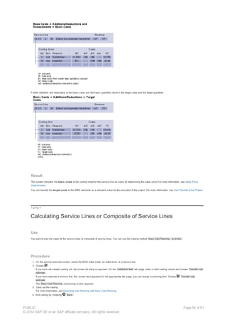 Further additions and deductions to the basic costs and the basic quantities result in the target costs and the target quantities.
Result
The system transfers the basic costs to the costing sheet for the service line as basis for determining the sales price For more information, see Sales Price
Determination.
You can transfer the target costs to the WBS elements as a standard value for the execution of the project. For more information, see Cost Transfer to the Project.
!--a11y-->
Calculating Service Lines or Composite of Service Lines
Use
You want to plan the costs for the service lines or composite of service lines. You can use the costing method Easy Cost Planning to do this.
Procedure
1. On the service overview screen, select the BOS initial mode, an outlet level, or a service line.
2. Choose .
If you have not created costing yet, the screen for doing so appears. On the Additional data tab page, enter a valid costing variant and choose Transfer cost
estimate .
If you have selected a service line, this screen also appears.On the appropriate tab page, you can assign a planning form. Choose Transfer cost
estimate .
The Easy Cost Planning processing screen appears.
3. Carry out the costing.
For more information, see Executing Cost Planning with Easy Cost Planning.
4. Exit costing by choosing Back .
PUBLIC
© 2014 SAP SE or an SAP affiliate company. All rights reserved.
Page 54 of 91
 