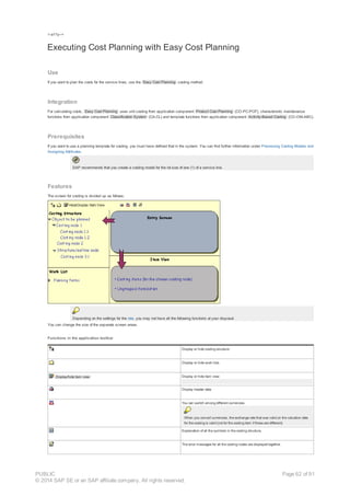 !--a11y-->
Executing Cost Planning with Easy Cost Planning
Use
If you want to plan the costs for the service lines, use the Easy Cost Planning costing method.
Integration
For calculating costs, Easy Cost Planning uses unit costing from application component Product Cost Planning (CO-PC-PCP), characteristic maintenance
functions from application component Classification System (CA-CL) and template functions from application component Activity-Based Costing (CO-OM-ABC).
Prerequisites
If you want to use a planning template for costing, you must have defined that in the system. You can find further information under Processing Costing Models and
Assigning Attributes.
SAP recommends that you create a costing model for the lot size of one (1) of a service line.
Features
The screen for costing is divided up as follows:
Depending on the settings for the role, you may not have all the following functions at your disposal.
You can change the size of the separate screen areas.
Functions in the application toolbar
Display or hide costing structure
Display or hide work lists
Display/hide item view Display or hide item view
Display header data
You can switch among different currencies.
When you convert currencies, the exchange rate that was valid on the valuation date
for the costing is valid (not for the costing item if these are different).
Explanation of all the symbols in the costing structure.
The error messages for all the costing nodes are displayed together.
PUBLIC
© 2014 SAP SE or an SAP affiliate company. All rights reserved.
Page 62 of 91
 