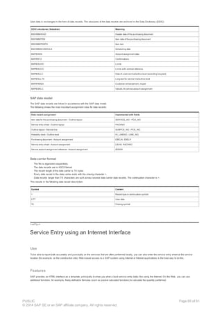 User data is exchanged in the form of data records. The structures of the data records are archived in the Data Dictionary (DDIC).
DDIC structures (Selection) Meaning
BS01MMHEAD Header data of the purchasing document
BS01MMITEM Item data of the purchasing document
BS01MMITEMTX Item text
BS01MMSCHEDULE Scheduling data
BAPIEKKN Account assignment data
BAPIRET2 Confirmations
BAPIESUHC Limits
BAPIESUCC Limits with contract reference
BAPIESLLC Data of a service line/outline level (excluding long text)
BAPIESLLTX Long text for service line/outline level
BAPIPAREX Customer enhancement, import
BAPIESKLC Value/Link service account assignment
SAP data model
The SAP data records are linked in accordance with the SAP data model.
The following shows the most important assignment rules for data records:
Data record assignment Implemented with fields
Item data for the purchasing document - Outline layout SERVICE_NO - PCK_NO
Service entry sheet - Outline layout PACKNO
Outline layout - Service line SUBPCK_NO - PCK_NO
Hierarchy level - Outline level HI_LINENO - LINE_NO
Purchasing document - Account assignment EBELN, EBELP
Service entry sheet - Account assignment LBLNI, PACKNO
Service account assignment reference - Account assignment ZEKKN
Data carrier format
· The file is organized sequentially.
· The data records are in ASCII format.
· The record length of the data carrier is 78 bytes.
· Every data record in the data carrier ends with the closing character >.
· Data records longer than 78 characters are split across several data carrier data records. The continuation character is >.
This results in the following data record description:
Symbol Content
1 Record type or continuation symbol
2-77 User data
78 Closing symbol
!--a11y-->
Service Entry using an Internet Interface
Use
To be able to report both accurately and punctually on the services that are often performed locally, you can also enter the service entry sheet at the service
location (for example, on the construction site). Web-based access to a SAP system using Internet or Intranet applications is the best way to do this.
Features
SAP provides an HTML interface as a template, principally to show you what a local service entry looks like using the Internet. On the Web, you can use
additional functions, for example, freely-definable formulas (such as pocket calculator functions) to calculate the quantity performed.
PUBLIC
© 2014 SAP SE or an SAP affiliate company. All rights reserved.
Page 88 of 91
 