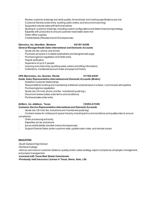 · Review customer drawings and verify quality, dimensional,and marking specifications are met
· Customer Service (order entry, auditing sales orders,and documentscanning)
· Supported outside sales with technical advice
· Quoting to customer drawings,including custom configurations and determined pricing strategy
· Expedite with production to ensure customer need dates were met
· Order office supplies
· Credits/debits (Resolve Invoice Discrepancies)
Datronics, Inc.-Hamilton, Montana 4/21/97-4/2/99
General Manager/Inside Sales-International and Domestic Accounts
· Quote (via fax, phone,and email)
· Purchase ad space in multiple publications and designed web page
· Purchasing/price negotiation and Order entry
· Payroll verification
· Supervisor of up to 5 people
· Invoicing and order entry (auditing sales orders and billing information)
· Collections,maintained accountnotes and paymenthistory
CPN Electronics, Inc.-Sunrise, Florida 3/17/95-4/5/97
Inside Sales Representative-Internationaland Domestic Accounts (Broker)
· Establish customer relationships
· Responsible for building and maintaining individual customer base in a base + commission atmosphere
· Purchasing/price negotiation
· Quote (via US mail,phone,and fax. maintained quote log.)
· Documentreview (sales order terms and conditions)
· Purchase/sales order entry
AirBorn, Inc.-Addison, Texas 1/25/93-2/15/95
Customer Service Representative-International and Domestic Accounts
· Quote (via US mail,fax, and phone and maintained quote log)
· Contract review for militaryand space industry,including terms and conditions and qualitynotes to ensure
compliance
· Order processing and entry
· Expedites via fax and phone
· Issue credits/debits (resolve invoice discrepancies)
· SupportOutside Sales (enter customer data,update sales notes,and resolve issues
EDUCATION
-South Garland High School
-Richland College
-Various seminars on customer relations,qualitycontrol,sales strategy,export compliance,employee management,
and project management
-Licensed with Texas Real Estate Commission
-Previously held Insurance License in Texas, Home, Auto, Life
 