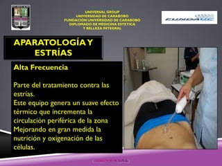 UNIVERSAL GROUP
UNIVERSIDAD DE CARABOBO
FUNDACIÓN UNIVERSIDAD DE CARABOBO
DIPLOMADO DE MEDICINA ESTETICA
Y BELLEZA INTEGRAL
APARATOLOGÍAY
ESTRÍAS
Alta Frecuencia
Parte del tratamiento contra las
estrías.
Este equipo genera un suave efecto
térmico que incrementa la
circulación periférica de la zona
Mejorando en gran medida la
nutrición y oxigenación de las
células.
 