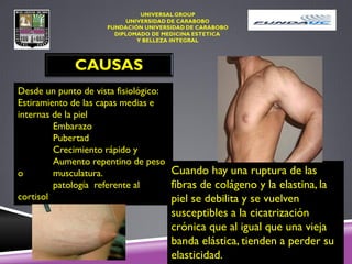 CAUSAS
Desde un punto de vista fisiológico:
Estiramiento de las capas medias e
internas de la piel
Embarazo
Pubertad
Crecimiento rápido y
Aumento repentino de peso
o musculatura.
patología referente al
cortisol
Cuando hay una ruptura de las
fibras de colágeno y la elastina, la
piel se debilita y se vuelven
susceptibles a la cicatrización
crónica que al igual que una vieja
banda elástica, tienden a perder su
elasticidad.
 