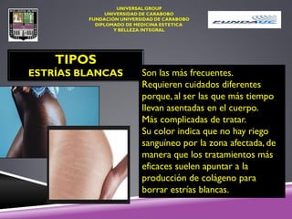 TIPOS
ESTRÍAS BLANCAS Son las más frecuentes.
Requieren cuidados diferentes
porque, al ser las que más tiempo
llevan asentadas en el cuerpo.
Más complicadas de tratar.
Su color indica que no hay riego
sanguíneo por la zona afectada, de
manera que los tratamientos más
eficaces suelen apuntar a la
producción de colágeno para
borrar estrías blancas.
 