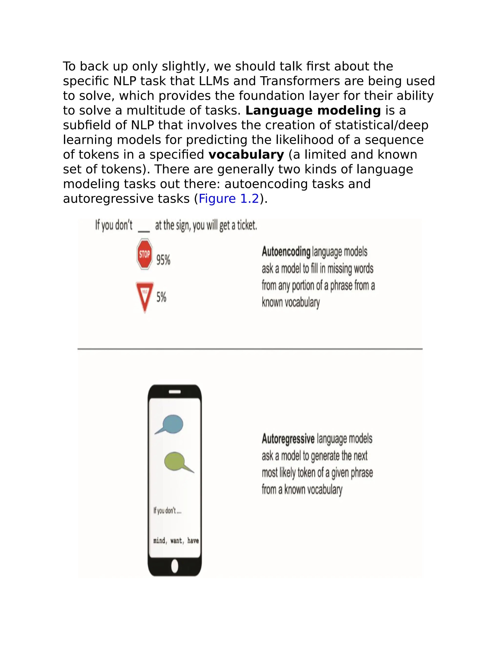 To back up only slightly, we should talk first about the
specific NLP task that LLMs and Transformers are being used
to solve, which provides the foundation layer for their ability
to solve a multitude of tasks. Language modeling is a
subfield of NLP that involves the creation of statistical/deep
learning models for predicting the likelihood of a sequence
of tokens in a specified vocabulary (a limited and known
set of tokens). There are generally two kinds of language
modeling tasks out there: autoencoding tasks and
autoregressive tasks (Figure 1.2).
 