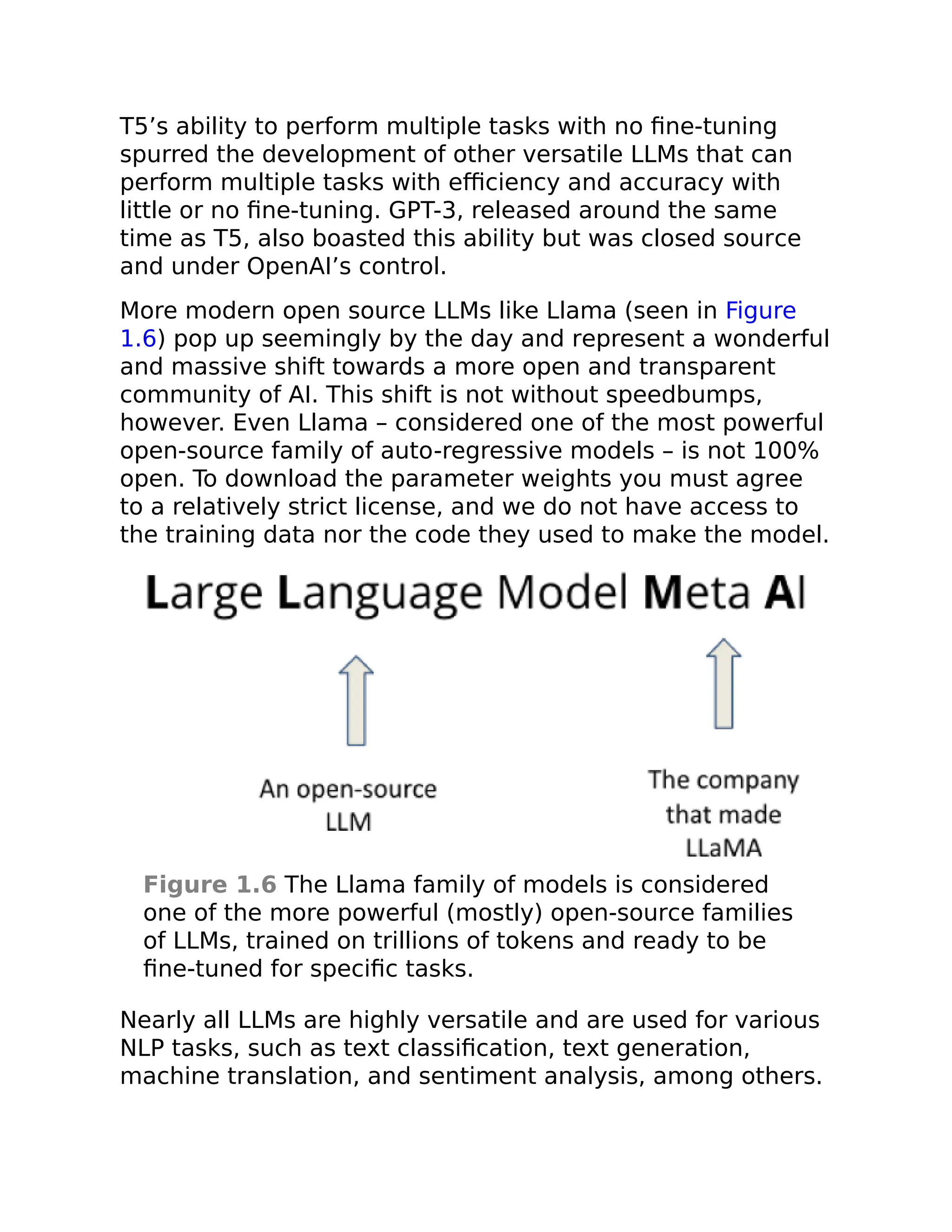 T5’s ability to perform multiple tasks with no fine-tuning
spurred the development of other versatile LLMs that can
perform multiple tasks with efficiency and accuracy with
little or no fine-tuning. GPT-3, released around the same
time as T5, also boasted this ability but was closed source
and under OpenAI’s control.
More modern open source LLMs like Llama (seen in Figure
1.6) pop up seemingly by the day and represent a wonderful
and massive shift towards a more open and transparent
community of AI. This shift is not without speedbumps,
however. Even Llama – considered one of the most powerful
open-source family of auto-regressive models – is not 100%
open. To download the parameter weights you must agree
to a relatively strict license, and we do not have access to
the training data nor the code they used to make the model.
Figure 1.6 The Llama family of models is considered
one of the more powerful (mostly) open-source families
of LLMs, trained on trillions of tokens and ready to be
fine-tuned for specific tasks.
Nearly all LLMs are highly versatile and are used for various
NLP tasks, such as text classification, text generation,
machine translation, and sentiment analysis, among others.
 