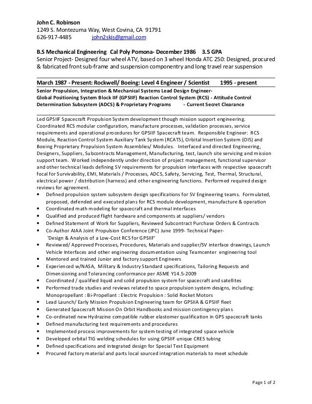 John C Robinson Mechanical Engineer Iv Resume Cv John C Robinson Mechanical Engineer Iv Resume Cv