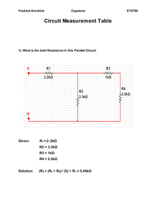 Fredrick Kendrick Capstone ET2799
Circuit Measurement Table
1). What is the total Resistance in this Parallel Circuit:
Given: R1 = 2 .2kΩ
R2 = 3.3kΩ
R3 = 1kΩ
R4 = 2.2kΩ
Solution: (R2 + (R3 + R4) / 2)) + R1 = 5.45kΩ
 