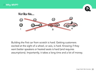 20
// Why MVP?
Image Credit: Mati Honorato
Building the first car from scratch is hard. Getting customers
excited at the sight of a wheel, or axis, is hard. Knowing if they
want better speakers or heated seats is hard (and requires
assumptions). Importantly, it takes a long time and a lot of money.
 