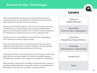 41
// The Quick Left Way :: ROI Strategies
Freemium
(Gated Features)
Pay-to-Play
(One-time Fee / Subscription)
A La Carte
(Paywalls by Feature/Volume)
Third Party
(Advertisement / Sponsorship)
Transactional
Retail
Levers
Users can download the app and access a limited feature-set without
charge (sometimes this is preceded by a full-featured free trial) and then
pay to access more features or remove advertising.
Users pay to download the app as a one-time fee or they pay a recurring
monthly fee (as an in-app purchase or by having logins authenticated
against an external payment system). This could also include tiered pricing
for tiered feature or volume access as one-time or subscription fees.
Features and volume are available a la carte rather than by packages or
tiers. Payments are made as in-app purchases.
Users are granted free access to the full feature-set of the app and are
subjected to advertisements. An adjacent strategy to ads is sponsorship,
either for memberships, feature-sets or particular content.
Users have the ability to execute transactions within the app, for which they
pay a fee (flat or as a percentage). This could be buying/selling goods,
sending/receiving funds or even ratings, recommendations or promotions.
Sellers pay flat or tiered fees for the ability to sell goods and/or content to
customers. Additionally, buyers may pay for access to the marketplace (ie -
flash sales) as a one-time fee, subscription or per purchase fee.
 