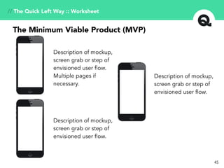 // The Quick Left Way :: Worksheet
The Minimum Viable Product (MVP)
45
Description of mockup,
screen grab or step of
envisioned user flow.
Multiple pages if
necessary.
Description of mockup,
screen grab or step of
envisioned user flow.
Description of mockup,
screen grab or step of
envisioned user flow.
 