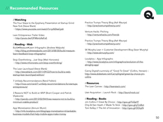 // Recommended Resources
//Watching
The Four Steps to the Epiphany Presentation at Startup Grind
New York (Steve Blank)
:: https://www.youtube.com/watch?v=pXIZIasCp6I
Lean Entrepreneur Trailer Video
:: http://youtu.be/OFWbnUAzFuE
//Reading - Web
Build•Measure•Learn Infographic (Andrew Walpole)
:: http://blog.andrewwalpole.com/2013/08/30/build-measure-
learn-feedback-loop-infographic/
Stop Overthinking…Just Stop (Mati Honorato)
:: http://www.mhonorato.com/stop-overthinking/
The Lean Launchpad (Steve Blank)
:: http://steveblank.com/2011/09/22/how-to-build-a-web-
startup-lean-launchpad-edition/
7 Unlikely Recommendations (Rand Fishkin)
:: http://moz.com/rand/7-unlikely-recommendations-for-startups-
entrepreneurs/
3 Reasons NOT to Build an MVP (Brant Cooper and Patrick
Vlaskovits)
:: http://pando.com/2013/02/04/three-reasons-not-to-build-a-
minimum-viable-product/
App Monetization (Annum Munir)
:: http://info.localytics.com/blog/app-monetization-6-bankable-
business-models-that-help-mobile-apps-make-money
Practice Trumps Theory Blog (Ash Maurya)
:: http://practicetrumpstheory.com/
Venture Hacks: Pitching
:: http://venturehacks.com/friends
Practice Trumps Theory Blog (Ash Maurya)
:: http://practicetrumpstheory.com/
SK Murphy Lean + Customer Development Blog (Sean Murphy)
:: http://www.skmurphy.com/
Localytics :: App Infographic
:: http://www.localytics.com/infographics/evolution-of-the-
almighty-app/
Canny Digital’s summary of “Good To Great” (Collins, Hensen) ::
http://www.slideshare.net/CannyDigital/great-by-choice-jim-
collins
//Resources
The Lean Canvas :: http://leanstack.com/
User Acquisition :: Launch Rock :: http://launchrock.co/
//Reading - Books
Jim Collins // Great By Choice :: http://goo.gl/YvQaYF
Chip & Dan Heath // Made To Stick :: http://goo.gl/yTmBUr
Tom Kelley // The Art of Innovation :: http://goo.gl/OCkjzN
50
 