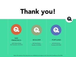 53
Thank you!
BOULDER
SAN
FRANCISCO PORTLAND
902 Pearl Street
Boulder, CO 80302
1285 Folsom Street
San Francisco, CA 94103
529 SW 3rd Ave.
Portland, OR 97204
Note: All contents of this document are confidential and subject to the Terms And Conditions of the NDA.
 