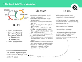 47
Build
Measure Learn
• Core Loop Action 1
• Core Loop Action 2
• Core Loop Action 3
• Sub-Actions
• Sub-Actions
• Core L...