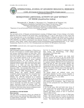 I.J.A.B.R., VOL. 2(1) 2012:138-142 ISSN 2250 - 3579
138
MOSQUITOES LARVICIDAL ACTIVITY OF LEAF EXTRACT
OF NEEM (Azadirachta indica)
a
Maragathavalli, S., b
Brindha, S., c
Kaviyarasi, N. S., d
Annadurai, B. & d
Gangwar, S. K.
a
Department of Biochemistry, King Nandi Varman College of Arts and Science, Thellar,
b
Department of Bioinformatics, New Prince Arts and Science College, Chennai,
c
Department of Biochemistry, Bangalore City College, Bangalore
d
Department of Crop and Horticultural Sciences, Biotechnology Team, College of Dryland Agriculture and Natural Resources, Mekelle
University, Mekelle,
ABSTRACT
The larrvicidal activity of Mosquito and phytochemical screening of Methanol extract of leaves belongs to the family
Meliaceae have been evaluated in the present study. Larvicidal effect on 3rd
and 4th
instar larvae of Aedes aegypti and
Culex quinquefasciatus to test concentrations of 25,50,75,100,150,200mg of Methanol and Ethanol extract of leaf of
Azadirachta indica in 100ml of water.200mg concentration shows maximum mortality of the larvae when compared150
(70%),100(50%) and 50(40%) concentration were observed. Presence of Caproic Acid,4-butoxy butanol, Oleic acid,
Decanoic acid,8 methyl, methyl ester,N-methyl-N-N-di(2-(4-Pyridyl)ethyl)-(2-pyridyl)ethylamine,6(E), 9 (Z), 13(E),-
Penedectriene, Phytol, Cis, Cis, Cis-7,10,13-Hexadecatrienal were found in GC/MS analysis of leaf extract.
KEYWORDS: Azadirachta indica, Aedes aegypti,Culex quinquefasciatus, Methanol extract.
INTRODUCTION
India encouraged scientific investigations of Neem tree as
the part of his program to revitalize Indian tradition and
also increase commercial interest on Neem (Stix, 1992)
and presently some authors believe that no other plant or
tree in the world has been so extensively researched or
used, in all possible capacities so far, In Africa extracts
from Neem leaves have provided various medicinal
preparations.(Ekanem, 1971 and udeinya, 1993). The
medicinal properties of the plant Azadirachta indica were
studied by several workers. They were Anti tumour effect
(Fujiwara et al., 1982), anti ulcer effect (Pillai and
Santhakumari, 1984), Antidiabetic effect (Sonia Bajaj and
Srinivasan, 1999). Anti microbial effect (Wafaa A, et al.,
2007). Anti fertility potential of Neem flower extract
(Gbotolorun et al., 2008). Mosquitoes transmit serious
human diseases like malaria, filariasis, Japanese
encephalitis, dengue haemorrhagic fever and yellow fever
causing millions of deaths every year (Mittal, P.K.,
Subbarao, S.K., 2003).The widespread use of synthetic
insecticides for the control of pests as well as human
disease vectors has led to concerns about their toxicity and
environmental impact (Bounias, 2003). Neem has been
used as insecticides even before the advent of synthetic
organic insecticides (Casida and Quistad, 1998). The
purpose of the present study was to investigate the effects
of alcoholic Neem leaf extracts adverse mosquitoes larvae
of Aedes aegypti and Culex quinquefaticiatus.
MATERIALS AND METHODS
Plant materials
The plant Neem (Azadirachta indica) was selected for
study. Its leaves were collected from DKM college Garden
in Vellore District, Tamil nadu. The collected leaves were
identified and authenticated by
Prof. Dr. B. Annadurai, Research Co ordinater. Dept.of
Plant biology and Biotechnology, CAH college,
Melvisharam, Tamil Nadu, India.
Neem leaf extract
The leaves of the plant material were shade dried
(28±2°C), ground and sieved to get fine powder from
which the extracts were prepared. Methanol extracts of the
plant was obtained by taking 50g of dried leaf and flower
in a separate container. With this 250 ml of methanol was
added and kept for 24hrs with periodic shaking, then
filtered and the filtrate was collected. This procedure was
repeated three times with fresh volume of methanol. The
filtrates were pooled. Ethanol extract of the plant material
was also prepared in a similar manner with that of
methanol.
The pooled ethanol and methanol extract were
concentrated separately by rotary vaccum evaporator at
40°C and evaporated to dryness and stored at 4°C in an
air tight bottle. ( Jang, Y.S., et al. 2002)
Mosquito species
Eggs of Aedes aegypti and larvae of Culex quinquefaciatus
were selected for the investigation. Eggs of Aegypti and
larvae of Culex quinquefaciatus were collected in around
Vellore.
Larvicidal Assay
In the larvidal assay, third and fourth instar larvae of
Aedes aegypti and Culex quinquefciatus were exposed to
test concentrations of 25,50, 75,100,150,200 mg of
methanol and ethanol extracts of leaf of Azadirachta
indica in 100ml of water.
100ml of tap water was taken in series of 250ml glass
beakers. The measured amount of extracts was dissolved
in 1ml of the solvent which was used for preparing the
extracts. The dissolved plant extract was added to the
 