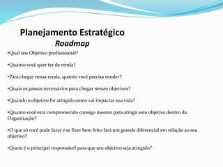 Planejamento Estratégico
Roadmap
•Qual teu Objetivo profissioanal?
•Quanto você quer ter de renda?
•Para chegar nessa renda, quanto você precisa vender?
•Quais os passos necessários para chegar nesses objetivos?
•Quando o objetivo for atingido como vai impactar sua vida?
•Quanto você está comprometido consigo mesmo para atingir este objetivo dentro da
Organização?
•O que só você pode fazer e se fizer bem feito fará um grande diferencial em relação ao seu
objetivo?
•Quem é o principal responsável para que seu objetivo seja atingido?
 