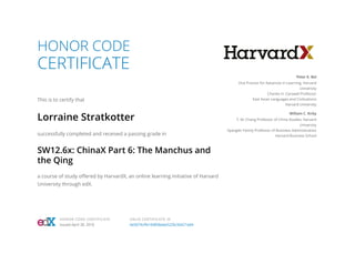 HONOR CODE
CERTIFICATE
This is to certify that
Lorraine Stratkotter
successfully completed and received a passing grade in
SW12.6x: ChinaX Part 6: The Manchus and
the Qing
a course of study offered by HarvardX, an online learning initiative of Harvard
University through edX.
Peter K. Bol
Vice Provost for Advances in Learning, Harvard
University
Charles H. Carswell Professor
East Asian Languages and Civilizations
Harvard University
William C. Kirby
T. M. Chang Professor of China Studies, Harvard
University
Spangler Family Professor of Business Administration
Harvard Business School
HONOR CODE CERTIFICATE
Issued April 30, 2016
VALID CERTIFICATE ID
6e5674cffe104858abe5226c56421dd4
 