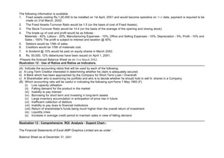 The following information is available :
1. Fixed assets costing Rs.1,00,000 to be installed on 1st April, 20X1 and would become operative on that date, payment is required to be
      made on 31st March, 20X2.
2. The Fixed Assets-Turnover Ratio would be 1.5 (on the basis of cost of Fixed Assets).
3. The Stock-Turnover Ratio would be 14.4 (on the basis of the average of the opening and closing stock).
4. The break-up of cost and profit would be as follows :
     Materials - 40%; Labour - 25%; Manufacturing Expenses - 10%; Office and Selling Expenses - 10%: Depreciation - 5%; Profit - 10% and
     Sales - 100% The profit is subject to interest and taxation @ 50%.
5. Debtors would be 1/9th of sales.
6. Creditors would be 1/5th of materials cost.
7. A dividend @ 10% would be paid on equity shares in March 20X2.
8. Rs. 50,000, 12% debentures have been issued on April 1, 20X1.
 Prepare the forecast Balance Sheet as on 31st March 20X2.
Illustration 12 : Use of Ratios and Ratios as Indicators.
(A) Indicate the accounting ratios that will be used by each of the following:
a) A Long Term Creditor interested in determining whether his claim is adequately secured.
b) A Bank which has been approached by the Company for Short Term Loan / Overdraft
c) A Shareholder who is examining his portfolio and who is to decide whether he should hold or sell hi: shares in a Company.
(B) Which accounting ratio will be useful in indicating the following sym ptoms ? May 1993 (F)
    (i) Low capacity utilisation
    (ii) Falling demand for the product in the market
    (iii) Inability to pay interest
    (iv) Borrowing for short term and investing in long-term assets
    (v) Large inventory accumulation in anticipation of price rise in future
    (vi) Inefficient collection of debtors
    (vii) Inability to pay dues to financial institutions
    (viii) Return of shareholder's funds being much higher than the overall return of investment
    (ix) Liquidity crisis
    (x) Increase in average credit period to maintain sales in view of falling demand

Illustration 13 : Comprehensive ROI Analysis - Dupont Chart -

The Financial Statements of Excel AMP Graphics Limited are as under :

Balance Sheet as at December 31, 2001
 