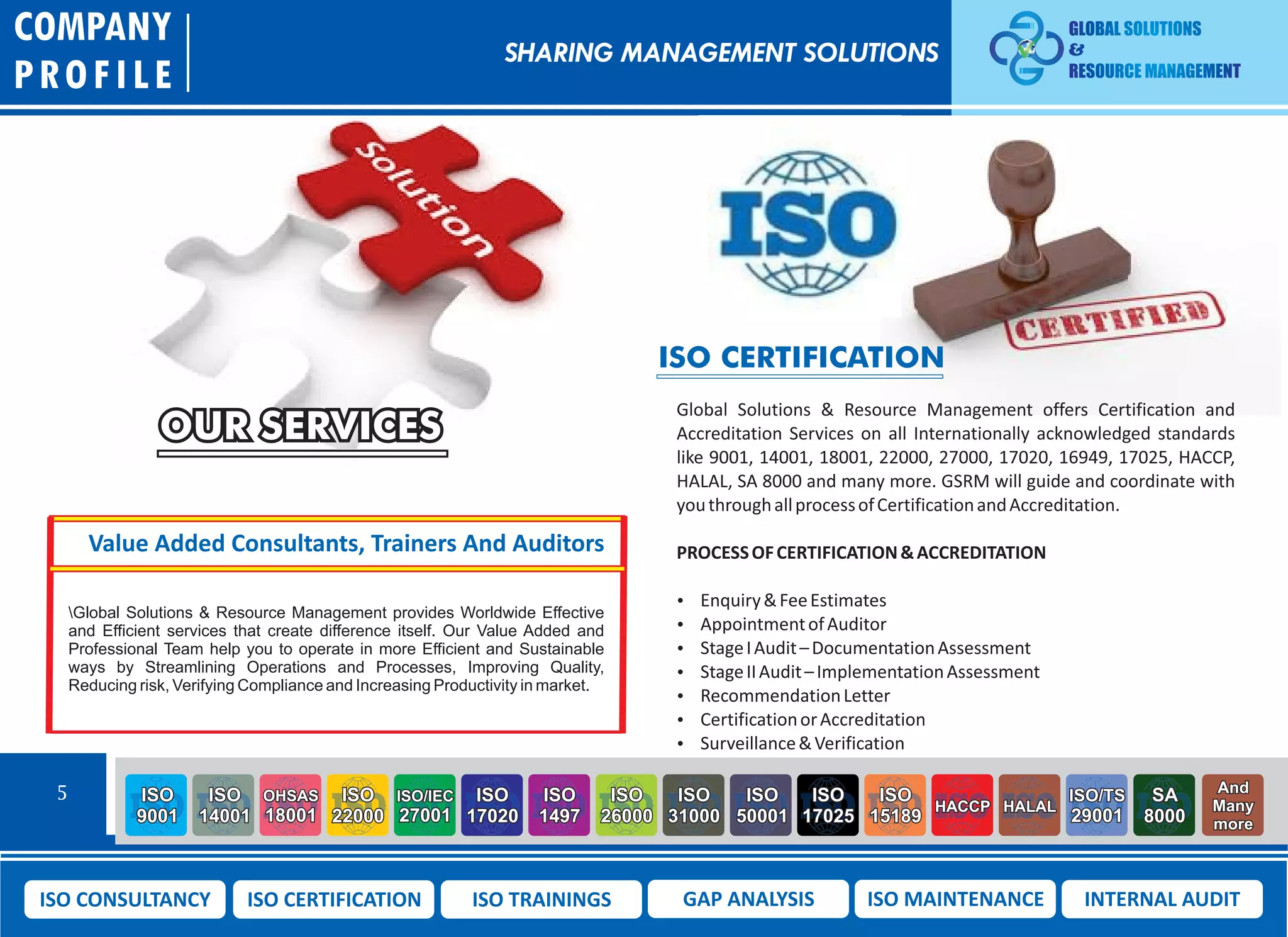 OUR SERVICES
COMPANY
PROFILE
5 ISO
9001
ISO
14001
OHSAS
18001
ISO
22000
ISO/IEC
27001
ISO
17020
ISO
1497
ISO
26000
ISO
31000
ISO
50001
ISO
17025
ISO
15189
HACCP HALAL
ISO/TS
29001
SA
8000
And
Many
more
ISO CONSULTANCY ISO CERTIFICATION ISO TRAININGS GAP ANALYSIS ISO MAINTENANCE INTERNAL AUDIT
ISO CERTIFICATION
Global Solutions & Resource Management offers Certification and
Accreditation Services on all Internationally acknowledged standards
like 9001, 14001, 18001, 22000, 27000, 17020, 16949, 17025, HACCP,
HALAL, SA 8000 and many more. GSRM will guide and coordinate with
youthroughallprocessofCertificationandAccreditation.
PROCESSOFCERTIFICATION&ACCREDITATION
 Enquiry&FeeEstimates
 AppointmentofAuditor
 StageIAudit–DocumentationAssessment
 StageIIAudit–ImplementationAssessment
 RecommendationLetter
 CertificationorAccreditation
 Surveillance&Verification
Value Added Consultants, Trainers And Auditors
Global Solutions & Resource Management provides Worldwide Effective
and Efficient services that create difference itself. Our Value Added and
Professional Team help you to operate in more Efficient and Sustainable
ways by Streamlining Operations and Processes, Improving Quality,
Reducing risk, Verifying Compliance and Increasing Productivity in market.
SHARING MANAGEMENT SOLUTIONS
 