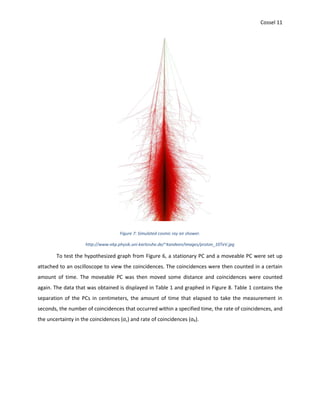 Cossel 11
Figure 7: Simulated cosmic ray air shower.
http://www-ekp.physik.uni-karlsruhe.de/~kandeen/images/proton_10TeV.jpg
To test the hypothesized graph from Figure 6, a stationary PC and a moveable PC were set up
attached to an oscilloscope to view the coincidences. The coincidences were then counted in a certain
amount of time. The moveable PC was then moved some distance and coincidences were counted
again. The data that was obtained is displayed in Table 1 and graphed in Figure 8. Table 1 contains the
separation of the PCs in centimeters, the amount of time that elapsed to take the measurement in
seconds, the number of coincidences that occurred within a specified time, the rate of coincidences, and
the uncertainty in the coincidences (σc) and rate of coincidences (σR).
 