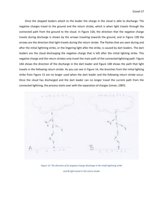 Cossel 17
Once the stepped leaders attach to the leader the charge in the cloud is able to discharge. The
negative charges travel to the ground and the return stroke, which is when light travels through the
connected path from the ground to the cloud. In Figure 13A, the direction that the negative charge
travels during discharge is shown by the arrows traveling towards the ground, and in Figure 13B the
arrows are the direction that light travels during the return stroke. The flashes that are seen during and
after the initial lightning strike, or the lingering light after the strike, is caused by dart leaders. The dart
leaders are the cloud discharging the negative charge that is left after the initial lighting strike. This
negative charge and the return strokes only travel the main path of the connected lightning path. Figure
14A shows the direction of the discharge in the dart leader and Figure 14B shows the path that light
travels in the following return stroke. As you can see in Figure 14, the branches from the initial lighting
strike from Figure 13 are no longer used when the dart leader and the following return stroke occur.
Once the cloud has discharged and the dart leader can no longer travel the current path from the
connected lightning, the process starts over with the separation of charges (Uman, 1987).
Figure 13: The direction of A) negative charge discharge in the initial lightning strike
and B) light travel in the return stroke.
 