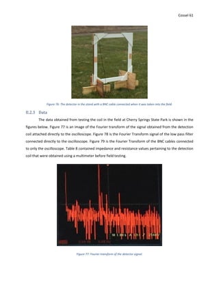 Cossel 61
Figure 76: The detector in the stand with a BNC cable connected when it was taken into the field.
II.2.3 Data
The data obtained from testing the coil in the field at Cherry Springs State Park is shown in the
figures below. Figure 77 is an image of the Fourier transform of the signal obtained from the detection
coil attached directly to the oscilloscope. Figure 78 is the Fourier Transform signal of the low pass filter
connected directly to the oscilloscope. Figure 79 is the Fourier Transform of the BNC cables connected
to only the oscilloscope. Table 8 contained impedance and resistance values pertaining to the detection
coil that were obtained using a multimeter before field testing.
Figure 77: Fourier transform of the detector signal.
 