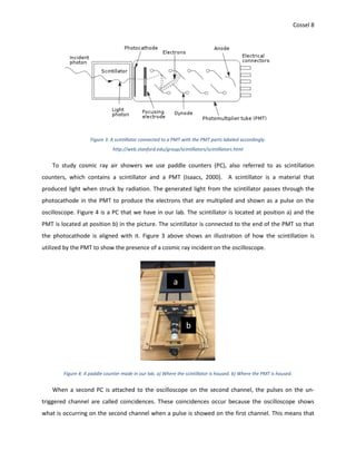 Cossel 8
Figure 3: A scintillator connected to a PMT with the PMT parts labeled accordingly.
http://web.stanford.edu/group/scintillators/scintillators.html
To study cosmic ray air showers we use paddle counters (PC), also referred to as scintillation
counters, which contains a scintillator and a PMT (Isaacs, 2000). A scintillator is a material that
produced light when struck by radiation. The generated light from the scintillator passes through the
photocathode in the PMT to produce the electrons that are multiplied and shown as a pulse on the
oscilloscope. Figure 4 is a PC that we have in our lab. The scintillator is located at position a) and the
PMT is located at position b) in the picture. The scintillator is connected to the end of the PMT so that
the photocathode is aligned with it. Figure 3 above shows an illustration of how the scintillation is
utilized by the PMT to show the presence of a cosmic ray incident on the oscilloscope.
Figure 4: A paddle counter made in our lab. a) Where the scintillator is housed. b) Where the PMT is housed.
When a second PC is attached to the oscilloscope on the second channel, the pulses on the un-
triggered channel are called coincidences. These coincidences occur because the oscilloscope shows
what is occurring on the second channel when a pulse is showed on the first channel. This means that
a
b
 