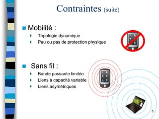 Contraintes (suite)
 Mobilité :
Topologie dynamique
Peu ou pas de protection physique
 Sans fil :
Bande passante limitée
Liens à capacité variable
Liens asymétriques
5
 