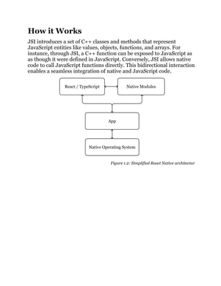 How it Works
JSI introduces a set of C++ classes and methods that represent
JavaScript entities like values, objects, functions, and arrays. For
instance, through JSI, a C++ function can be exposed to JavaScript as
as though it were defined in JavaScript. Conversely, JSI allows native
code to call JavaScript functions directly. This bidirectional interaction
enables a seamless integration of native and JavaScript code.
Figure 1.2: Simplified React Native architectur
 