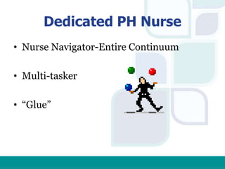 Dedicated PH Nurse
• Nurse Navigator-Entire Continuum
• Multi-tasker
• “Glue”
 