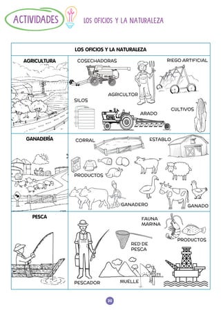LOS OFICIOS Y LA NATURALEZA
AGRICULTURA
GANADERÍA
PESCA
20
LOS OFICIOS Y LA NATURALEZA
ACTIVIDADES
AGRICULTOR
RIEGO ARTIFICIAL
ARADO
CULTIVOS
COSECHADORAS
PESCADOR
FAUNA
MARINA
PRODUCTOS
RED DE
PESCA
MUELLE
SILOS
PRODUCTOS
GANADERO
CORRAL ESTABLO
GANADO
 
