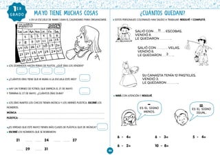 88
           l EN LA ESCUELA DE MARA USAN EL CALENDARIO PARA ORGANIZARSE.
l LOS DOMINGOS HACEN FERIAS DE PLATOS, ¿QUÉ DÍAS LOS VENDEN?
l ¿CUÁNTOS DÍAS TIENE QUE IR MARA A LA ESCUELA ESTE MES?
l HAY UN TORNEO DE FÚTBOL QUE EMPIEZA EL 21 DE MAYO
Y TERMINA EL 27 DE MAYO. ¿CUÁNTOS DÍAS DURA?
l LOS DÍAS MARTES LOS CHICOS TIENEN MÚSICA Y LOS VIERNES PLÁSTICA. ESCRIBÍ LOS
NÚMEROS.
MÚSICA:
PLÁSTICA:
l¿ES VERDAD QUE ESTE MAYO TIENEN MÁS CLASES DE PLÁSTICA QUE DE MÚSICA?
l ESCRIBÍ LOS NÚMEROS QUE SE BORRARON:
21 …….. …….. 24 …….. …….. 27
…….. 29 …….. 31
l ESTOS PERSONAJES COLONIALES HAN SALIDO A TRABAJAR. RESOLVÉ Y COMPLETÁ.
¿CUÁNTOS QUEDAN?
MAYO TIENE MUCHAS COSAS
GRADO
1ER
l MIRÁ CON ATENCIÓN Y RESOLVÉ.
........ ........
........ ........
........
........
........
SALIÓ CON VELAS.
VENDIÓ 6.
LE QUEDARON .
SU CANASTA TENÍA 12 PASTELES.
VENDIÓ 3.
LE QUEDARON .
SALIÓ CON ESCOBAS.
VENDIÓ 8.
LE QUEDARON .
6 - 4=			 6 - 3=			 5 - 4=
6 - 2=			 10 - 8=
-
ES EL SIGNO
MENOS.
=
ES EL SIGNO
IGUAL.
11
3
 