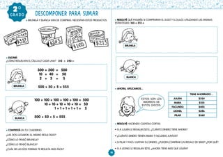 l ESCRIBÍ:
¿CÓMO RESUELVEN EL CÁLCULO CADA UNA? 312 + 243 =
BRUNELA
300 + 200 = 500
10 + 40 = 50
2 + 3 = 5
500 + 50 + 5 = 555
91
GRADO
20
DESCOMPONER PARA SUMAR
l CONTESTÁ EN TU CUADERNO:
¿LAS DOS LLEGARON AL MISMO RESULTADO?
¿CÓMO LO PENSÓ BRUNELA?
¿CÓMO LO PENSÓ BLANCA?
¿CUÁL DE LAS DOS FORMAS TE RESULTA MÁS FÁCIL?
l RESOLVÉ QUÉ PASARÍA SI COMPRARAN EL JUGO Y EL DULCE UTILIZANDO LAS MISMAS
ESTRATEGIAS: 165 + 213 =
l AHORA, APLICAMOS...
          l BRUNELA Y BLANCA VAN DE COMPRAS. NECESITAN ESTOS PRODUCTOS.
BLANCA
BLANCA
BRUNELA
100 + 100 + 100 + 100 + 100 = 500
10 + 10 + 10 + 10 + 10 = 50
1 + 1 + 1 + 1 + 1 = 5
500 + 50 + 5 = 555
TIENE AHORRADO…
JULIÁN $354
MARA $120
FACUNDO $405
LEONEL $286
PILAR $360
l RESOLVÉ HACIENDO CUENTAS CORTAS
• SI A JULIÁN LE REGALAN $213, ¿CUÁNTO DINERO TIENE AHORA?
• ¿CUÁNTO DINERO TIENEN MARA Y FACUNDO JUNTOS?
• SI PILAR Y FACU JUNTAN SU DINERO, ¿PUEDEN COMPRAR UN REGALO DE $800? ¿POR QUÉ?
• SI A LEONEL LE REGALAN $210, ¿AHORA TIENE MÁS QUE JULIÁN?
ESTOS SON LOS
AHORROS DE
ESTOS CHICOS.
 