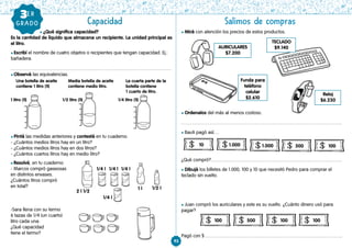 93
Capacidad Salimos de compras
GRAD
O
GRADO
3ER
         l ¿Qué significa capacidad?
Es la cantidad de líquido que almacena un recipiente. La unidad principal es
el litro.
l Escribí el nombre de cuatro objetos o recipientes que tengan capacidad. Ej.:
bañadera.
l Observá las equivalencias.
l Pintá las medidas anteriores y contestá en tu cuaderno.
- ¿Cuántos medios litros hay en un litro?
- ¿Cuántos medios litros hay en dos litros?
- ¿Cuántos cuartos litros hay en medio litro?
l Resolvé, en tu cuaderno:
- Marcos compró gaseosas
en distintos envases.
¿Cuántos litros compró
en total?
-Sara llena con su termo
6 tazas de 1/4 (un cuarto)
litro cada una.
¿Qué capacidad
tiene el termo?
l Mirá con atención los precios de estos productos.
l Ordenalos del más al menos costoso.
l Bauti pagó así…
¿Qué compró?
l Dibujá los billetes de 1.000, 100 y 10 que necesitó Pedro para comprar el
teclado sin vuelto.
l Juan compró los auriculares y este es su vuelto. ¿Cuánto dinero usó para
pagar?
Pagó con $
Una botella de aceite
contiene 1 litro (1l)
Media botella de aceite
contiene medio litro.
La cuarta parte de la
botella contiene
1 cuarto de litro.
AURICULARES
$7.200
TECLADO
$9.140
Funda para
teléfono
celular
$2.610
Reloj
$6.230
1.000 1.000 100
100 100 100
10 500
500
2 l 1/2
1/4 l
1/4 l
1/4 l 1/4 l
1 l 1/2 l
1 litro (1l) 1/2 litro (1l) 1/4 litro (1l)
 