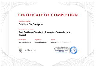 Cristina De Campos
CareCertificateStandard15:InfectionPreventionand
Control
16th February 2016 15th February 2017 B (90%) Based on knowledge assessment
 