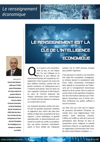 www.synfie.fr Page 5 sur 89Lettre d’information N°6 — T2 2016
Le renseignement
économique
Alain JUILLET
Ancien Haut Respon...