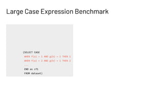 Large Case Expression Benchmark
SELECT CASE
WHEN cf1 + cf2 = -1 then 1
WHEN cf1 + cf2 = -2 then 2
...
END as cf3
FROM (SELECT cf1, cf1 AS cf2
FROM (SELECT CASE
WHEN f(a) = 1 AND g(b) = 1 THEN 1
WHEN f(a) = 2 AND g(b) = 1 THEN 2
...
END as cf1
FROM dataset))
 