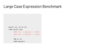 Large Case Expression Benchmark
SELECT CASE
WHEN cf1 + cf2 = -1 then 1
WHEN cf1 + cf2 = -2 then 2
...
END as cf3
FROM (SELECT cf1, cf1 AS cf2
FROM (SELECT CASE
WHEN f(a) = 1 AND g(b) = 1 THEN 1
WHEN f(a) = 2 AND g(b) = 1 THEN 2
...
END as cf1
FROM dataset))
 