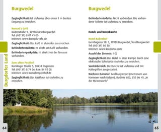 Burgwedel                                              Burgwedel
                  Zugänglichkeit: Ist stufenlos über einen 1 m breiten   Behindertentoilette: Nicht vorhanden. Die vorhan-
                  Eingang zu erreichen.                                  dene Toilette ist stufenlos zu erreichen.

                  Konrad`s Cafè
                  Radenstraße 9, 30938 Kleinburgwedel                    Hotels und Unterkünfte
                  Tel: (05139) 8 07 45 00
                  Internet: www.konrads-cafe.de                          Hotel Kokenhof
                  Zugänglichkeit: Das Café ist stufenlos zu erreichen.   Isernhägener Str. 3, 30938 Burgwedel / Großburgwedel
                                                                         Tel: (05139) 80 30
                  Behindertentoilette: Ist direkt am Café vorhanden.     Internet: www.kokenhof.com
                  Behindertenparkplatz: Ist direkt vor der Terrasse      Anzahl der Zimmer: 1 DZ
Burgdorfer Land




                  vorhanden.
                                                                         Zugänglichkeit: Das Hotel ist über Rampe durch eine
                  Zum alten Posthof                                      elektrische Schiebetür stufenlos zu erreichen.
                  Ramlinger Straße 5, 30938 Engensen                     Sanitärbereich: Die Dusche ist stufenlos und mit
                  Tel: (05139) 8 74 06, Fax: 84 92 08                    Haltegriffen ausgestattet.
                  Internet: www.zumaltenposthof.de                       Nächster Bahnhof: Großburgwedel (metronom von
                  Zugänglichkeit: Das Gasthaus ist stufenlos zu          Hannover nach Uelzen), Buslinie 600, 650 bis HS „In
                  erreichen.                                             der Meineworth“




64                                                                                                                              65
 