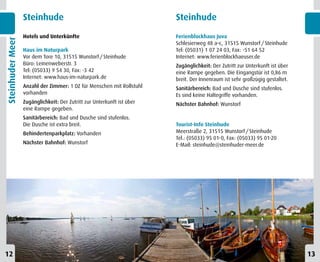 Steinhude                                             Steinhude

                  Hotels und Unterkünfte                                Ferienblockhaus Juva
Steinhuder Meer


                                                                        Schlesierweg 48 a–c, 31515 Wunstorf / Steinhude
                  Haus im Naturpark                                     Tel: (05031) 1 07 24 03, Fax: -51 64 52
                  Vor dem Tore 10, 31515 Wunstorf / Steinhude           Internet: www.ferienblockhaeuser.de
                  Büro: Leinenweberstr. 3                               Zugänglichkeit: Der Zutritt zur Unterkunft ist über
                  Tel: (05033) 9 54 30, Fax: -3 42                      eine Rampe gegeben. Die Eingangstür ist 0,86 m
                  Internet: www.haus-im-naturpark.de                    breit. Der Innenraum ist sehr großzügig gestaltet.
                  Anzahl der Zimmer: 1 DZ für Menschen mit Rollstuhl    Sanitärbereich: Bad und Dusche sind stufenlos.
                  vorhanden                                             Es sind keine Haltegriffe vorhanden.
                  Zugänglichkeit: Der Zutritt zur Unterkunft ist über   Nächster Bahnhof: Wunstorf
                  eine Rampe gegeben.
                  Sanitärbereich: Bad und Dusche sind stufenlos.
                  Die Dusche ist extra breit.                           Tourist-Info Steinhude
                  Behindertenparkplatz: Vorhanden                       Meerstraße 2, 31515 Wunstorf / Steinhude
                                                                        Tel.: (05033) 95 01-0, Fax: (05033) 95 01-20
                  Nächster Bahnhof: Wunstorf                            E-Mail: steinhude@steinhuder-meer.de




12                                                                                                                            13
 