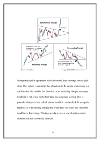The symmetrical is a pattern in which two trend lines converge toward each
other. This pattern is neutral in that a breakout to the upside or downside is a
confirmation of a trend in that direction. In an ascending triangle, the upper
trend line is flat, while the bottom trend line is upward sloping. This is
generally thought of as a bullish pattern in which chartists look for an upside
breakout. In a descending triangle, the lower trend line is flat and the upper
trend line is descending. This is generally seen as a bearish pattern where
chartists look for a downside breakout.
[51]
 