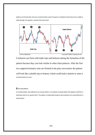 patterns are formed when the price movement tests a level of support or resistance three times and is unable to
break through; this signals a reversal of the prior trend.
Confusion can form with triple tops and bottoms during the formation of the
pattern because they can look similar to other chart patterns. After the first
two support/resistance tests are formed in the price movement, the pattern
will look like a double top or bottom, which could lead a chartist to enter a
reversal position too soon.
8.Rounding Bottom
A rounding bottom, also referred to as a saucer bottom, is a long-term reversal pattern that signals a shift from a
downward trend to an upward trend. This pattern is traditionally thought to last anywhere from several Months to
several years.
[54]
 