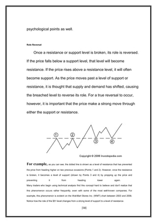 psychological points as well.
Role Reversal
Once a resistance or support level is broken, its role is reversed.
If the price falls below a support level, that level will become
resistance. If the price rises above a resistance level, it will often
become support. As the price moves past a level of support or
resistance, it is thought that supply and demand has shifted, causing
the breached level to reverse its role. For a true reversal to occur,
however, it is important that the price make a strong move through
either the support or resistance.
For example, as you can see, the dotted line is shown as a level of resistance that has prevented
the price from heading higher on two previous occasions (Points 1 and 2). However, once the resistance
is broken, it becomes a level of support (shown by Points 3 and 4) by propping up the price and
preventing it from heading lower again.
Many traders who begin using technical analysis find this concept hard to believe and don't realize that
this phenomenon occurs rather frequently, even with some of the most well-known companies. For
example, this phenomenon is evident on the Wal-Mart Stores Inc. (WMT) chart between 2003 and 2006.
Notice how the role of the $51 level changes from a strong level of support to a level of resistance.
[58]
 