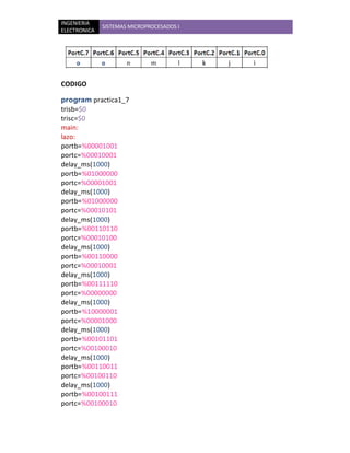 INGENIERIA
              SISTEMAS MICROPROCESADOS I
ELECTRONICA




CODIGO

program practica1_7
trisb=$0
trisc=$0
main:
lazo:
portb=%00001001
portc=%00010001
delay_ms(1000)
portb=%01000000
portc=%00001001
delay_ms(1000)
portb=%01000000
portc=%00010101
delay_ms(1000)
portb=%00110110
portc=%00010100
delay_ms(1000)
portb=%00110000
portc=%00010001
delay_ms(1000)
portb=%00111110
portc=%00000000
delay_ms(1000)
portb=%10000001
portc=%00001000
delay_ms(1000)
portb=%00101101
portc=%00100010
delay_ms(1000)
portb=%00110011
portc=%00100110
delay_ms(1000)
portb=%00100111
portc=%00100010
 