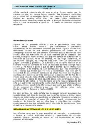 TEMARIO OPOSICIONES EDUCACIÓN INFANTIL
TEMA 3
niño/a quedará estructurada de una u otra forma según sea la
manera en que los padres hayan resuelto las tensiones producidas
en la etapa del personalismo, dando, por ejemplo, lugar a rasgos de
timidez en aquellos niños que no hayan visto debidamente
recompensados sus esfuerzos por agradar, y a rasgos de tiranía en aquellos
niños a cuya cabezonería y oposición el medio no ofreciera ninguna
respuesta.
Otras descripciones
Algunas de las primeras críticas a que el psicoanálisis tuvo que
hacer frente fueron aquellas que cuestionaban la pretendida
universalidad de los fenómenos descritos por Freud. Algunas de las más
tempranas críticas en este sentido procedieron del terreno de la
antropología cultural. Así, por ejemplo, Malinowski (1927) describió lo que
ocurría entre los habitantes de las islas Trobiand (en el sudoeste del
pacífico, en Papúa, Nueva Guinea). Allí, el padre carece de autoridad en la
educación de sus hijos, no les da órdenes, no les exige obediencia, ni
les impone castigos, se comporta más bien como un compañero de
juegos amistoso y protector. La autoridad y la disciplina radican en el
hermano mayor de la madre del niño. La hostilidad del niño se dirige hacia
ese tío, y no hacia el padre ( que es por lo demás quien monopoliza
sexualmente a la madre), lo que demostraría que nos encontramos
ante hechos que tienen que ver con la socialización más que con la
sexualidad. En una dirección semejante se sitúan los datos que muestran
que los padres tienden a ser más estrictos en la socialización del hijo de su
mismo sexo (el padre más estricto con los niños, la madre con las niñas), y
que, además, el padre de sexo opuesto actúa como amortiguador de las
presiones del otro sobre el niño (la madre se torna más complaciente del
niño y el padre más complaciente con la niña). Nos encontraríamos así con
un reforzamiento social de la diferencia, al que habría que añadir el efecto
de los procesos de imitación a que se han referido sobre todo
Bandura(1976) y Bandura y Walters(1963).
En este sentido, se debe señalar que los padres cumplen algunas de las
características del tipo de modelos que los niños tienden a imitar: están
dotados de poder social, son percibidos por el propio niño como semejantes
a sí mismo( en especial el padre del mismo sexo), recompensan las
conductas de imitación que de ellos hace el niño...No es de extrañar,
en consecuencia, que sea frecuente que el niño trate de comportarse como
el padre y la niña como la madre.
DESARROLLO AFECTIVO DE LOS 0 A LOS 3 AÑOS
Los niños/as nacen con la gran capacidad de aprender, pre orientados
a buscar y preferir estímulos sociales y necesitados de vínculos
afectivos básicos, jugando el apego un rol fundamental en estos
primeros años de vida.
Página 4 de 15
 
