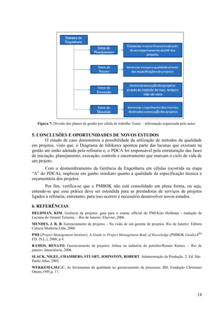 Figura 7: Divisão dos planos de gestão por célula de trabalho. Fonte – informação organizada pelo autor.


                                   5. CONCLUSÕES E OPORTUNIDADES DE NOVOS ESTUDOS
                                           O estudo de caso demonstrou a possibilidade da utilização de métodos da qualidade
                                   em projetos, visto que, o Diagrama de Ishikawa apontou parte das lacunas que existiam na
                                   gestão até então adotada pela refinaria e, o PDCA foi responsável pela estruturação das fases
                                   de iniciação, planejamento, execução, controle e encerramento que marcam o ciclo de vida de
                                   um projeto.
                                         Com o desmembramento da Gerência da Engenharia em células (ocorrida na etapa
                                   “A” do PDCA), implicou em ganho imediato quanto à qualidade da especificação técnica e
                                   orçamentária dos projetos.
                                          Por fim, verifica-se que o PMBOK não está consolidado em plena forma, ou seja,
                                   entende-se que essa prática deve ser estendida para as prestadoras de serviços de projetos
                                   ligados a refinaria; entretanto, para isso ocorrer é necessário desenvolver novos estudos.

                                   6. REFERÊNCIAS
                                   HELDMAN, KIM. Gerência de projetos: guia para o exame official do PMI/Kim Heldman - tradução de
                                   Luciana do Amaral Teixeira. – Rio de Janeiro: Elsevier, 2006.
                                   MENDES, J. R. B. Gerenciamento de projetos – Na visão de um gerente de projetos. Rio de Janeiro: Editora
                                   Ciência Moderna Ltda.,2006
                                   PMI (Project Management Institute). A Guide to Project Management Body of Knowledge (PMBOK Guide).4RD
                                   ED. (S.L.), 2008, p 4.
                                   RAMOS, RENATO. Gerenciamento de projetos: ênfase na indústria do petróleo/Renato Ramos. – Rio de
                                   janeiro: Interciência, 2006.
                                   SLACK, NIGEL, CHAMBERS, STUART, JOHNSTON, ROBERT. Administração da Produção. 2. Ed. São
                                   Paulo:Atlas, 2002.
                                   WEKKEMA,M.C.C. As ferramentas da qualidade no gerenciamento de processos. BH: Fundação Christiano
                                   Ottoni,1995,p. 17.




                                                                                                                                                 14



Powered by TCPDF (www.tcpdf.org)
 