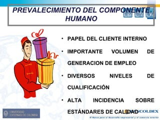PREVALECIMIENTO DEL COMPONENTE 
HUMANO 
• PAPEL DEL CLIENTE INTERNO 
• IMPORTANTE VOLUMEN DE 
GENERACION DE EMPLEO 
• DIVERSOS NIVELES DE 
CUALIFICACIÓN 
• ALTA INCIDENCIA SOBRE 
ESTÁNDARES DE CALIDAD 
 