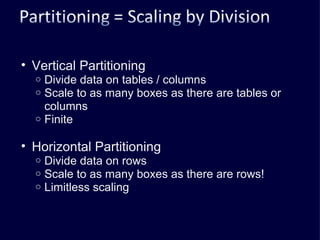 Vertical Partitioning Divide data on tables / columns Scale to as many boxes as there are tables or columns Finite Horizontal Partitioning Divide data on rows Scale to as many boxes as there are rows! Limitless scaling 