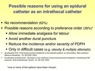 Possible reasons for using an epidural
catheter as an intrathecal catheter
 No recommendation (62%)
 Possible reasons according to preferance order (38%)*
 Allow immediate analgesia for labour
 Avoid another dural puncture
 Reduce the incidence and/or severity of PDPH
 Only in difficult cases (e.g. obesity & multiple attempts)
 Kuczkowski K.M., Post-dural puncture headache in the obstetric patient: an old problem. New solutions.
Minerva Anestesiol., 70, 823-830, 2004.
 Kuczkowski and Benumof. Decrease in the incidence of post-dural puncture headache: maintaining CSF
pressure. Acta Anaesthesiol. Scand., 47, 98-100, 2003.
*one or more of the options have been chosen
 
