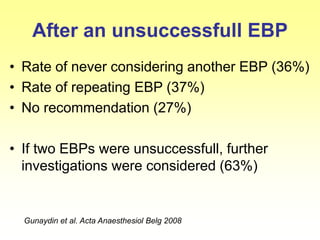 After an unsuccessfull EBP
• Rate of never considering another EBP (36%)
• Rate of repeating EBP (37%)
• No recommendation (27%)
• If two EBPs were unsuccessfull, further
investigations were considered (63%)
Gunaydin et al. Acta Anaesthesiol Belg 2008
 